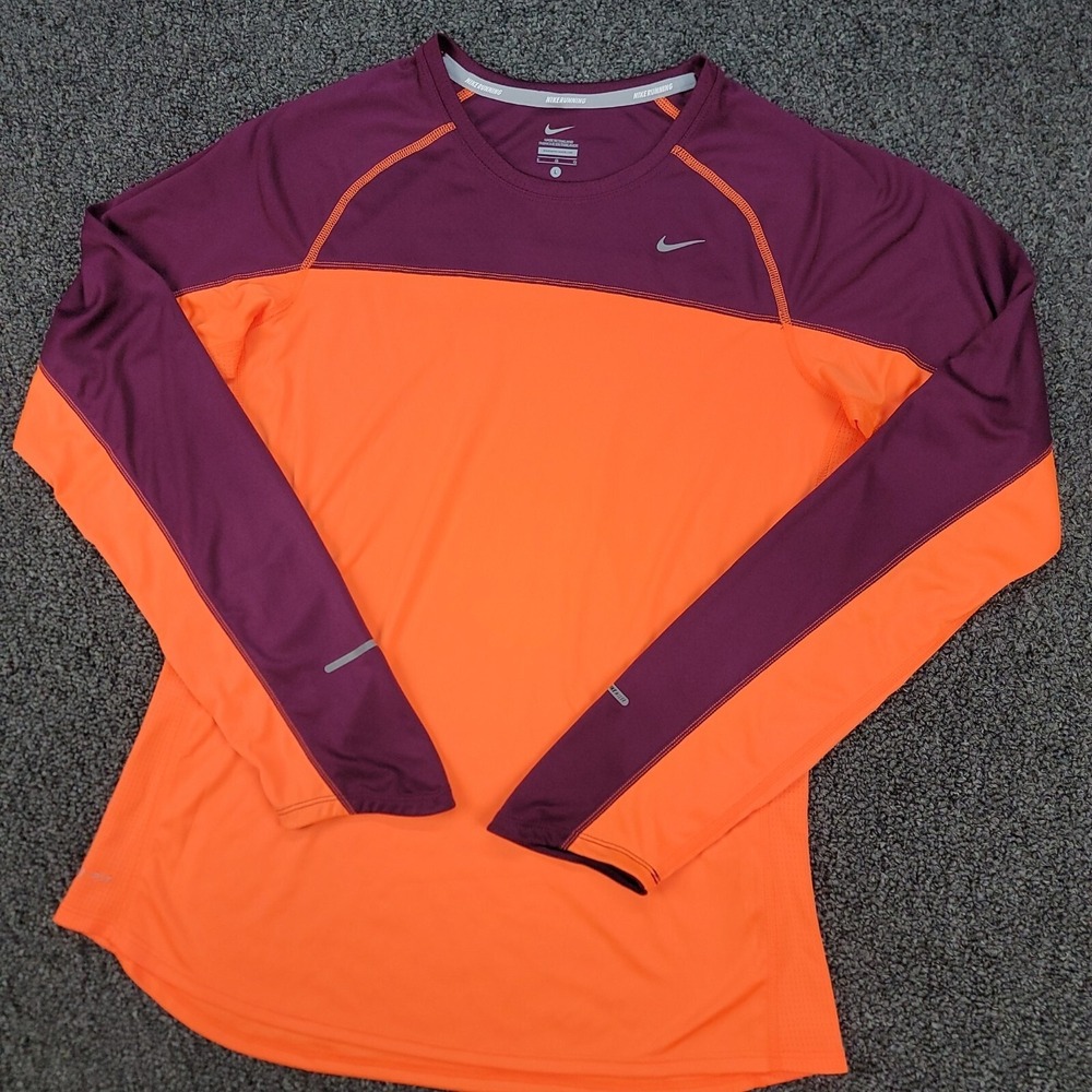 Nike Running Shirt Womens Large Orange Purple Miler Reflective Dri FIT Track EUC